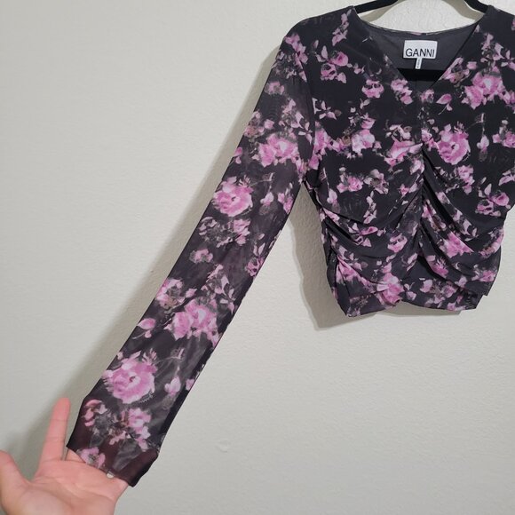Ganni Black Floral Mesh Rushed Crop Blouse Sz 38 Medium - Picture 5 of 9